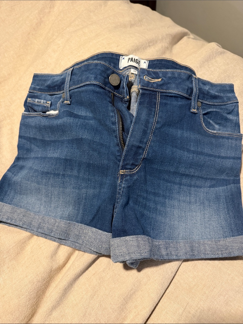 PAIGE Medium Blue Rolled-Hem Denim Shorts